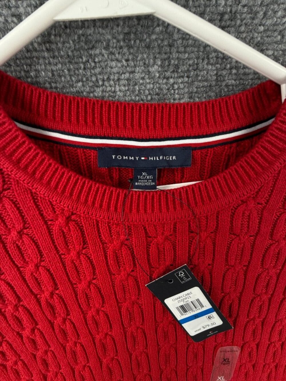 NWT Tommy Hilfiger Red Cable Knit Pullover Sweater $80 Women XL Preppy Blue Trim - Picture 11 of 13